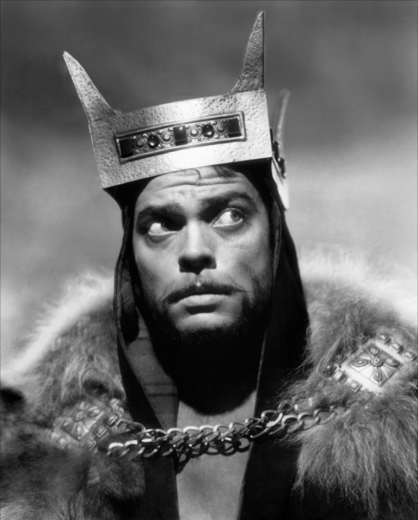 Orson Welles as Macbeth. It looks like he's just heard about the appalling casualty rates in badly lit theatrical sword fights which partly explain the play's bad reputation.